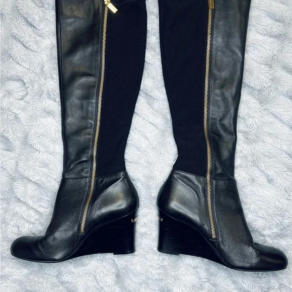 Michael Kors Genuine Leather & Stretch Black Knee Tall Wedge Zip Boots Sz 7.5 - Picture 4 of 12